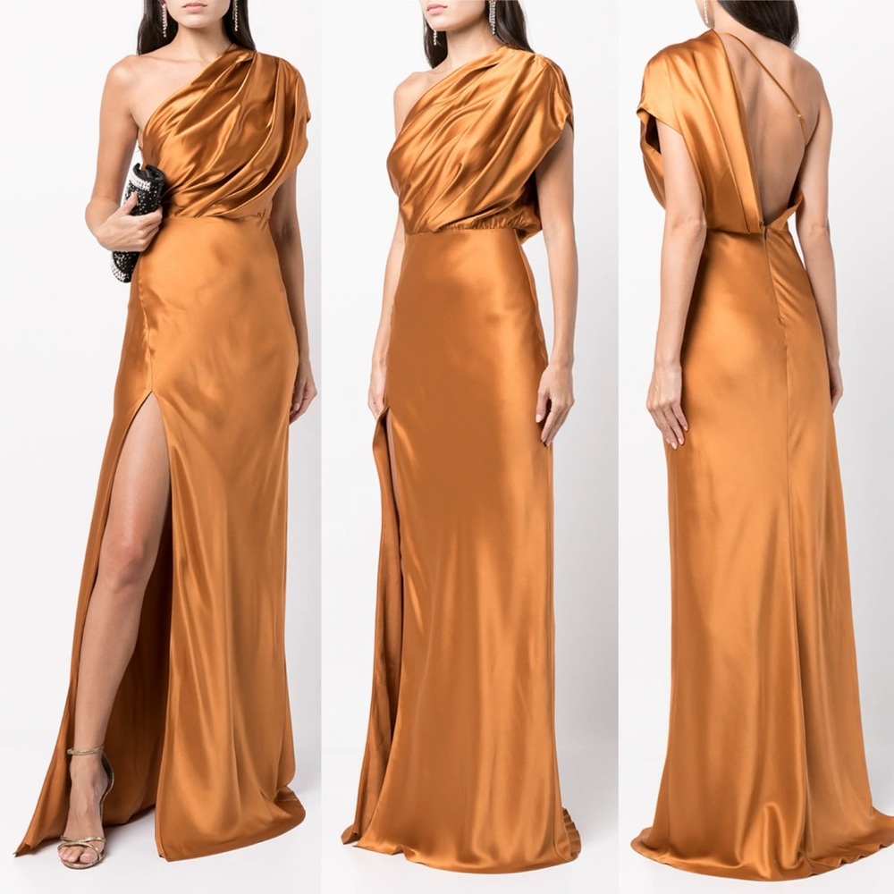 Michelle Mason Asymmetrical Open Back Draped Gown in Copper Womens 12 New NWT